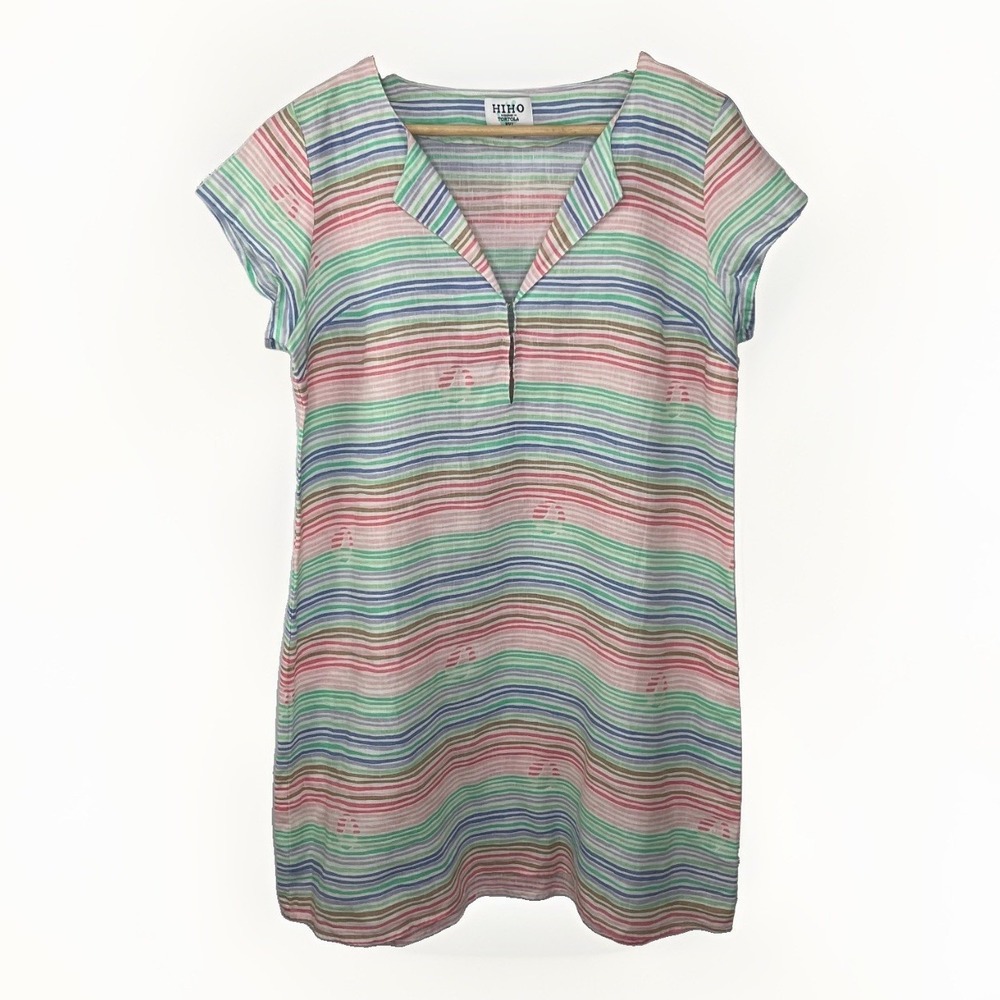 HiHo Tortola Mini Dress Sz L 100% Linen Striped Multicolor Coastal Beach Summer